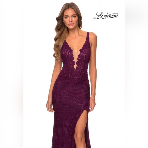 La Femme Dresses & Skirts - NWT La Femme Off Shoulder Glittery Goddess Sexy Lace Plunge Hi Slit Wow